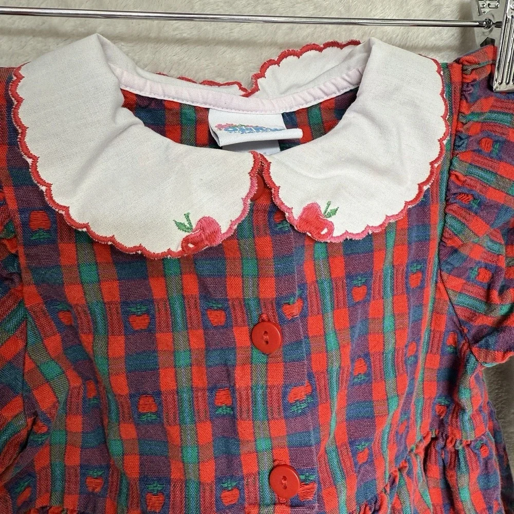 Vintage OshKosh B'Gosh Plaid Apple Print Romper Girls 24 months Cottage core USA